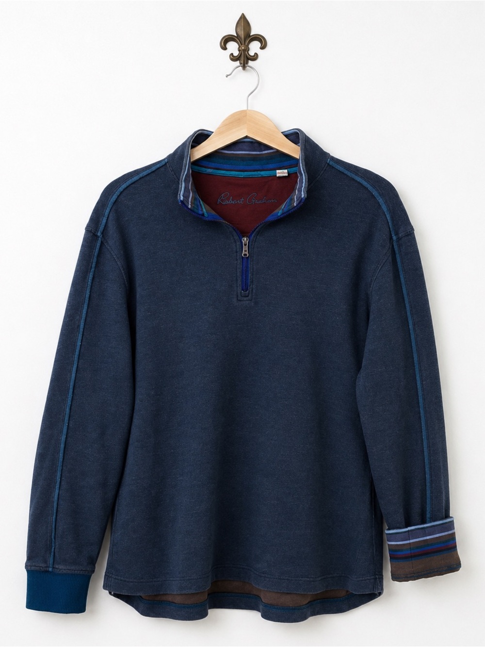 Robert Graham Men’s Navy Quarter Zip Pullover Sweater Contrast Cuffs